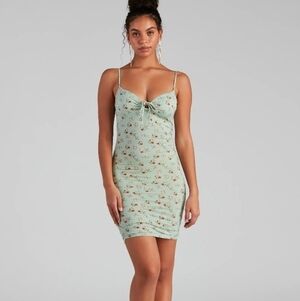 Floral Mint Green Bodycon Dress, Front Tie Floral Mini Dress
